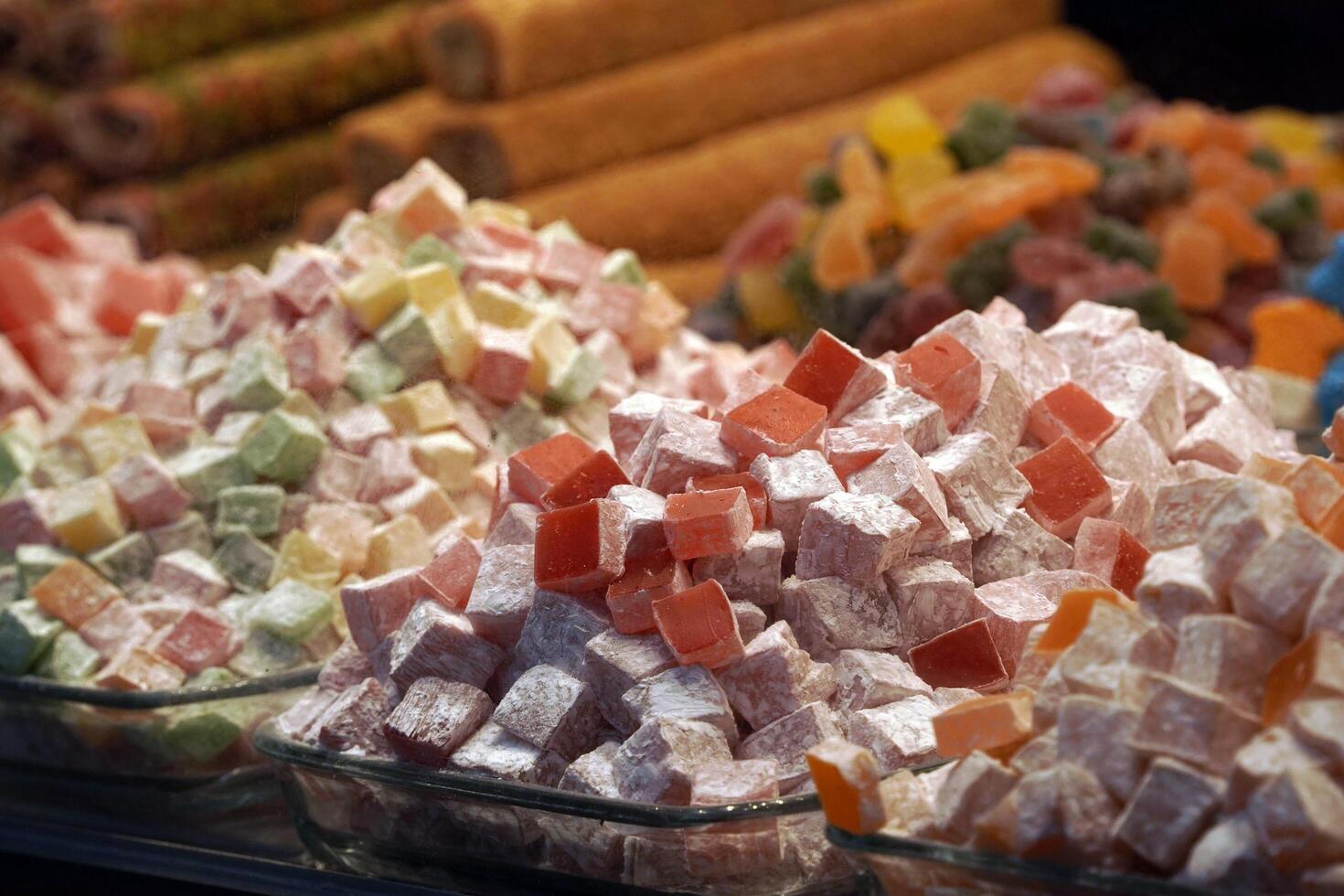 Traditional Turkish delight isolated on white background. Assorted. Sweet delicious lukum color photo