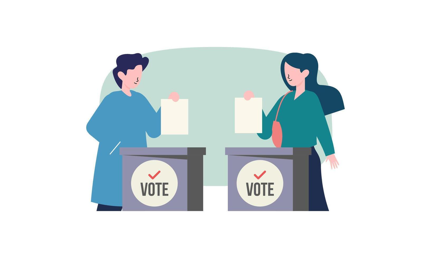 Polling place flat vector illustration. Voters persons casting ballots putting papers with vote into