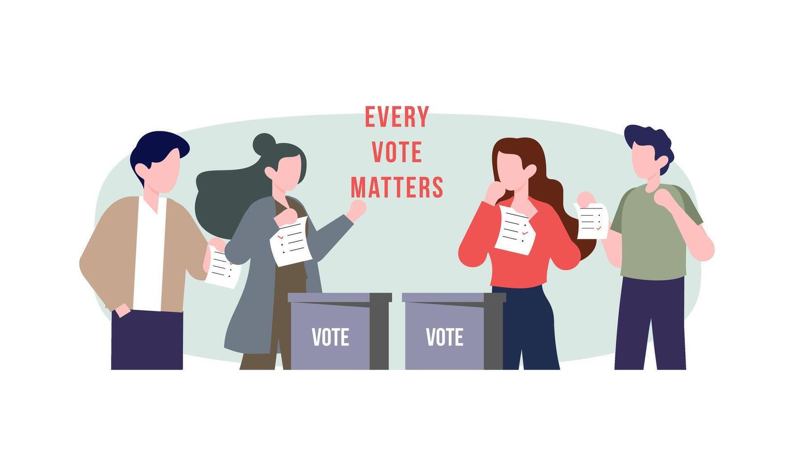 Polling place flat vector illustration. Voters persons casting ballots putting papers with vote into