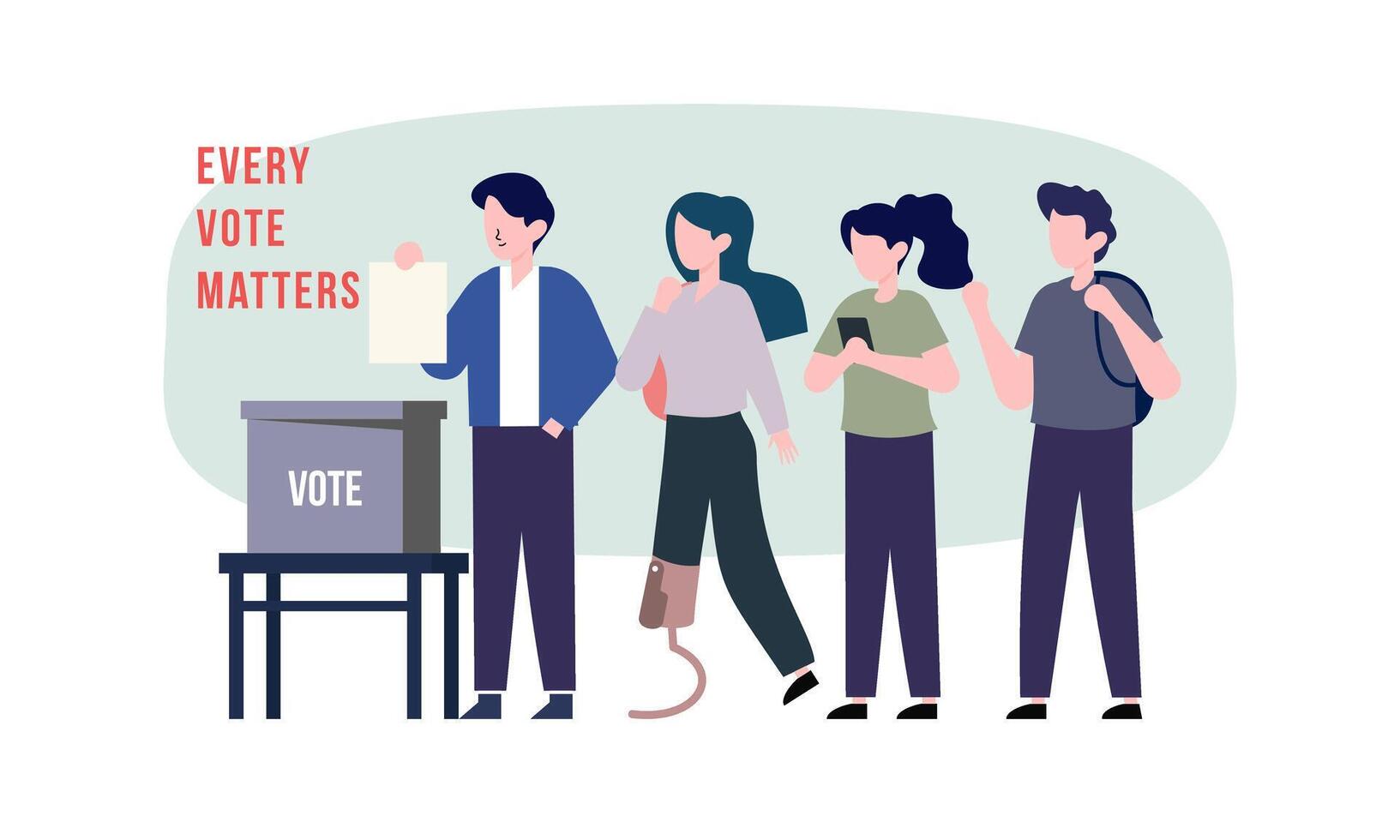 Polling place flat vector illustration. Voters persons casting ballots putting papers with vote into