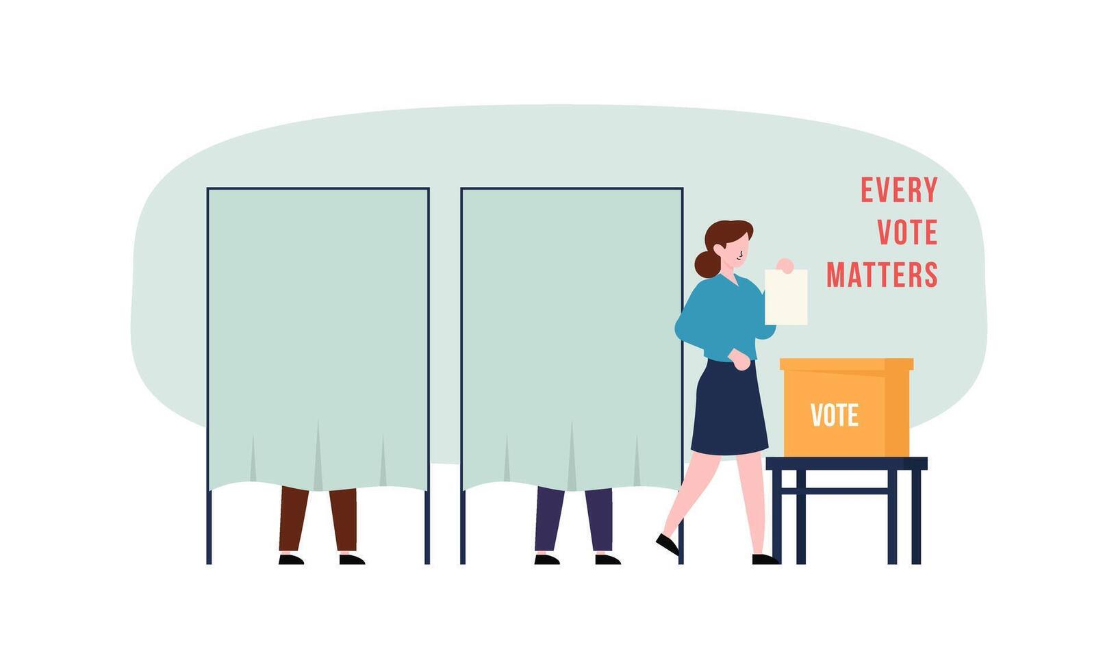 Polling place flat vector illustration. Voters persons casting ballots putting papers with vote into