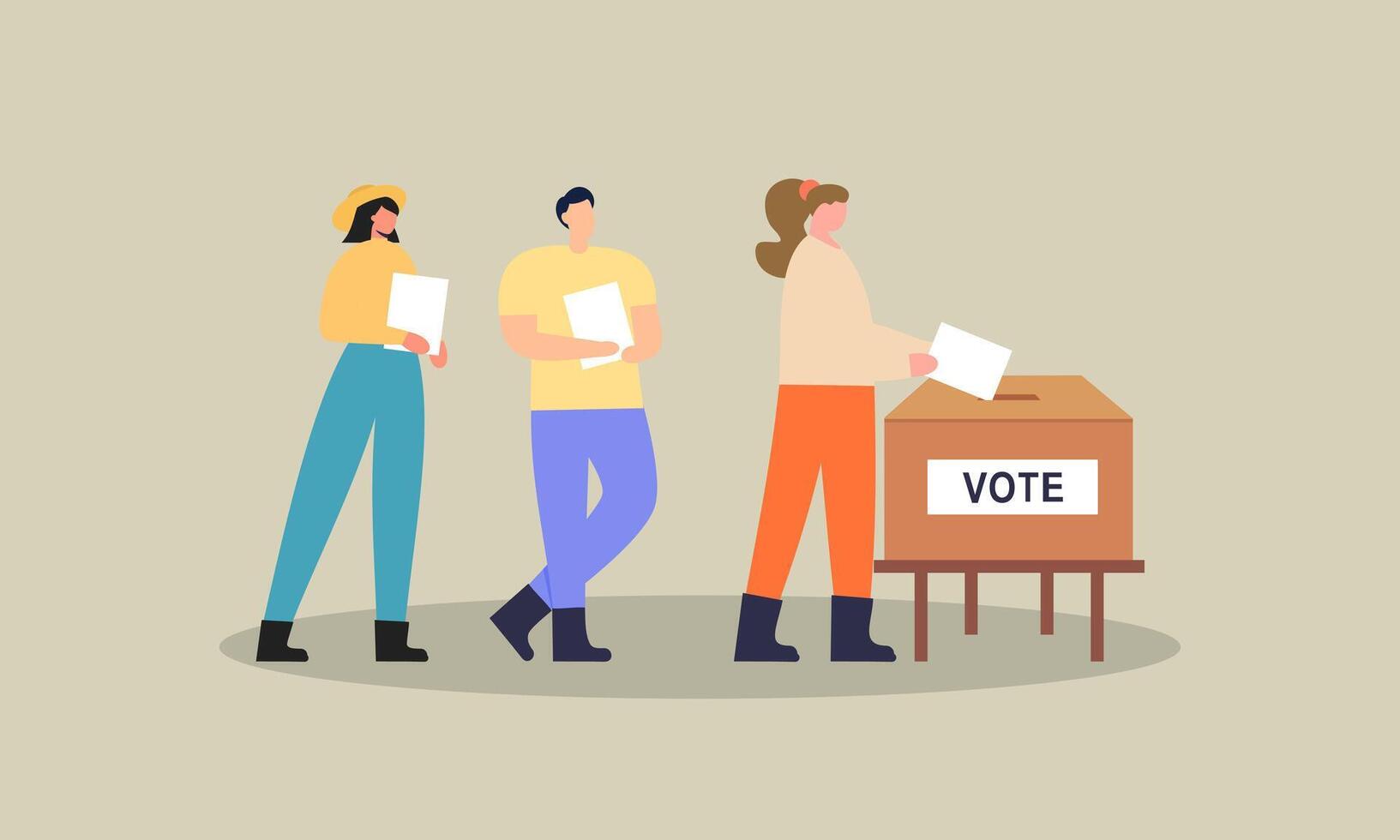 Polling place flat vector illustration. Voters persons casting ballots putting papers with vote into