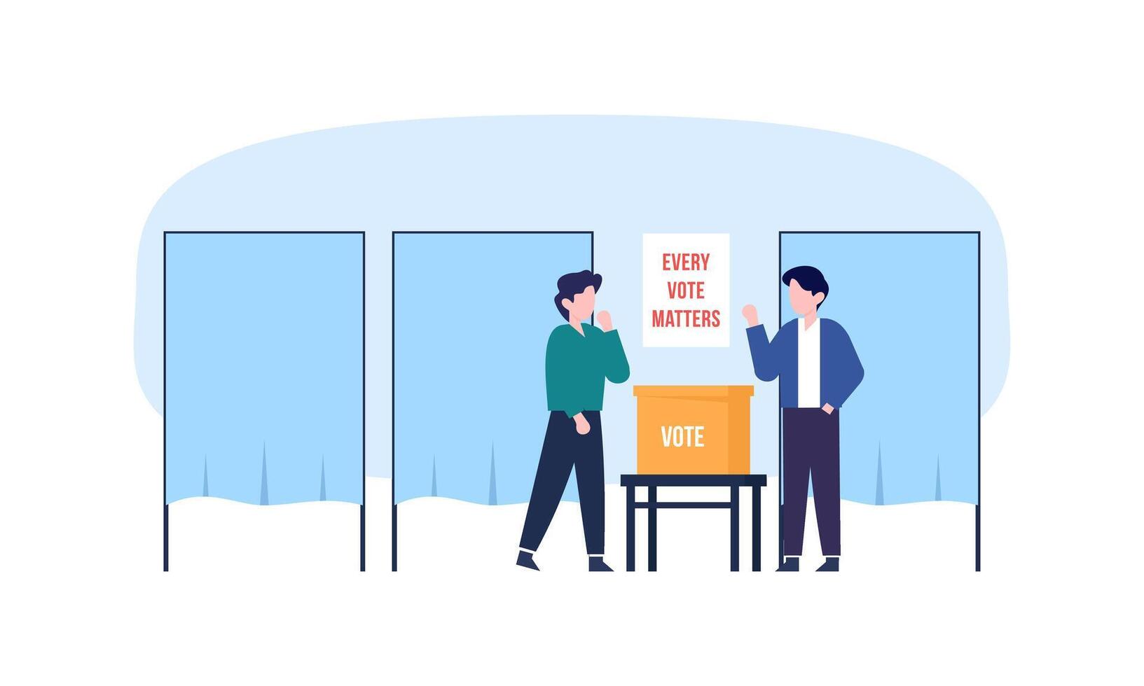 Polling place flat vector illustration. Voters persons casting ballots putting papers with vote into