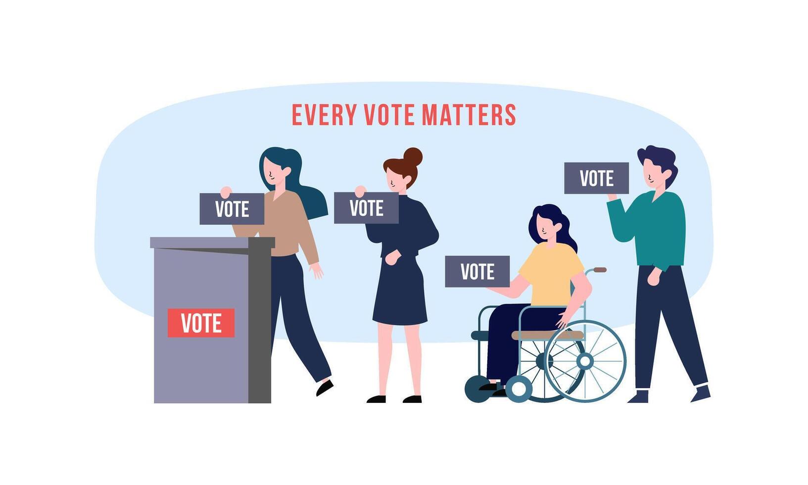 Polling place flat vector illustration. Voters persons casting ballots putting papers with vote into