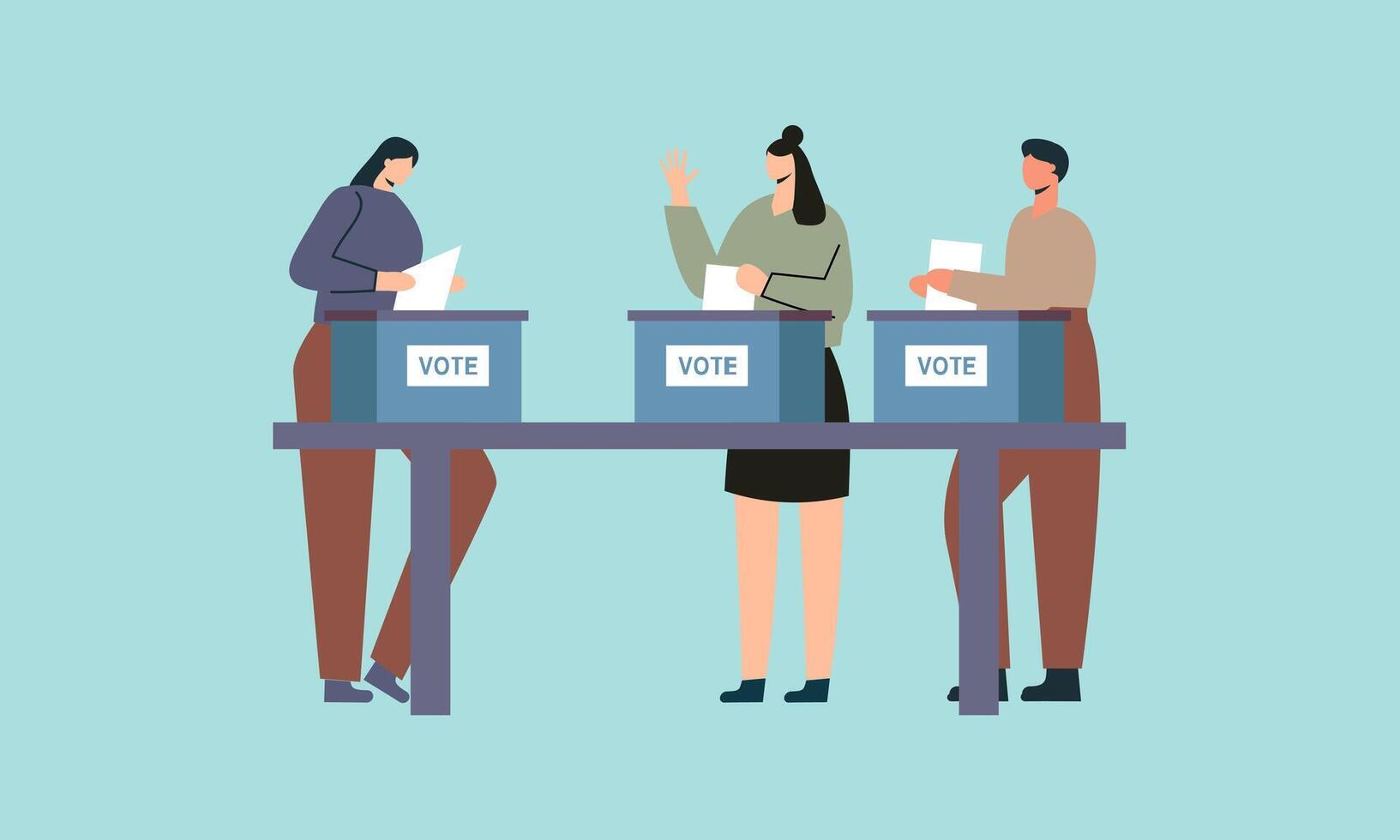 Polling place flat vector illustration. Voters persons casting ballots putting papers with vote into