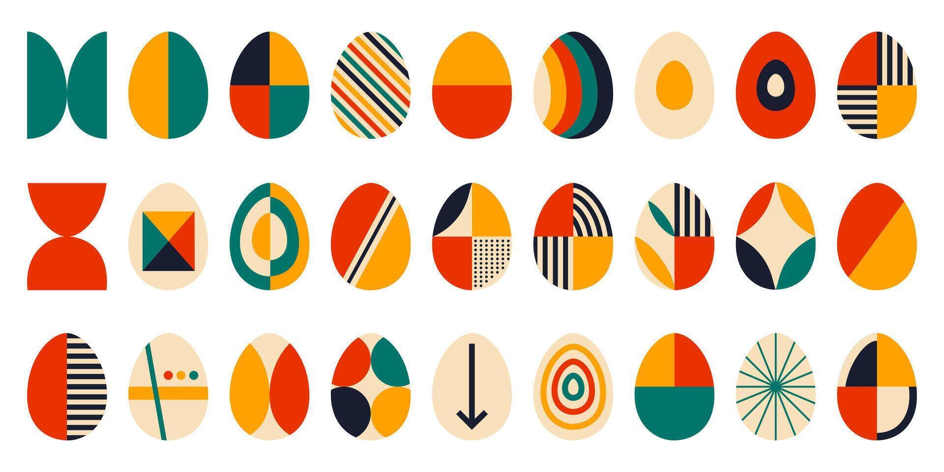 Retro Easter egg set in bauhaus style with colorful geometric abstract ornament pattern. Vector modern illustartion for greeting card, banner, print, poster