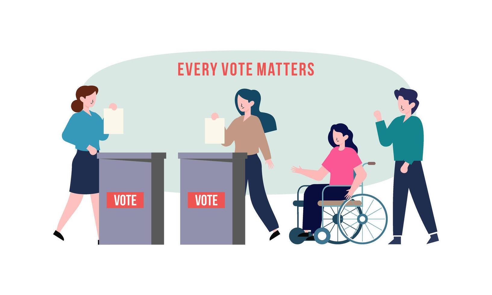 Polling place flat vector illustration. Voters persons casting ballots putting papers with vote into