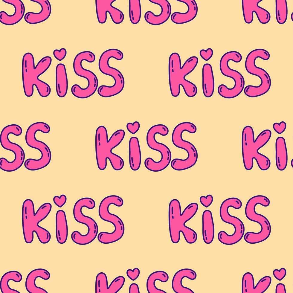 Seamless pattern. Lettering word kiss pink color. Vector print