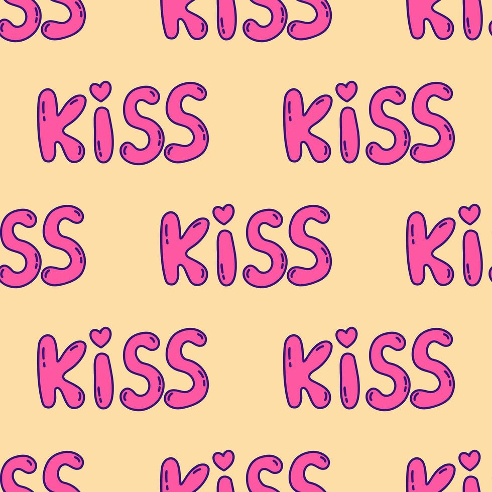 Seamless pattern. Lettering word kiss pink color. Vector print