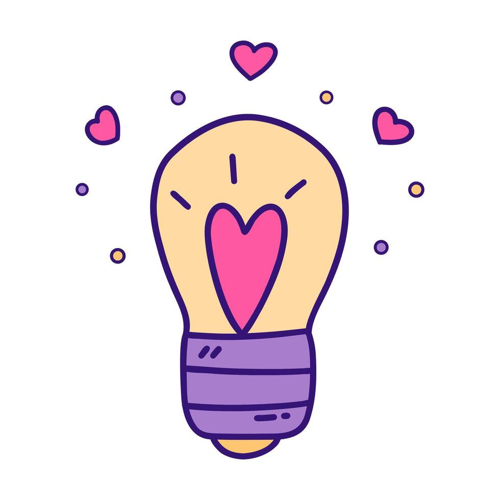 Burning light bulb with heart inside. Vector doodle