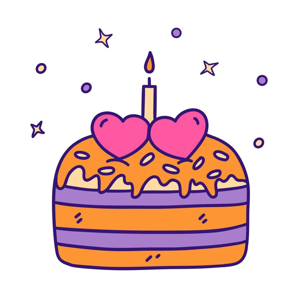 Celebratory cake with two hearts and burning candle. Vector