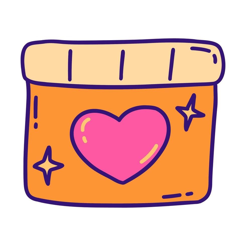 Gift box with pink heart and stars. Doodle vector