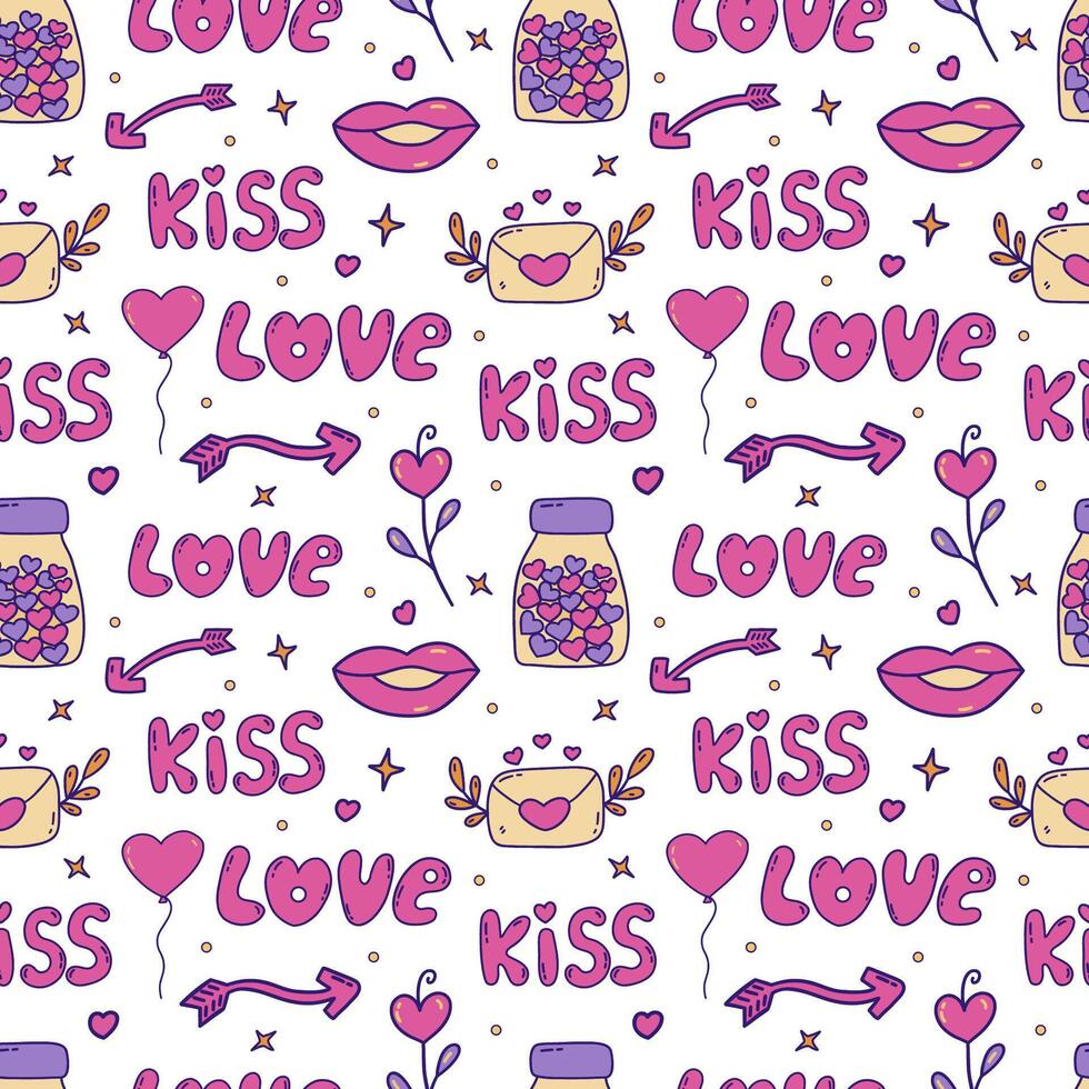 Seamless pattern with pink Valentines day elements. Vector