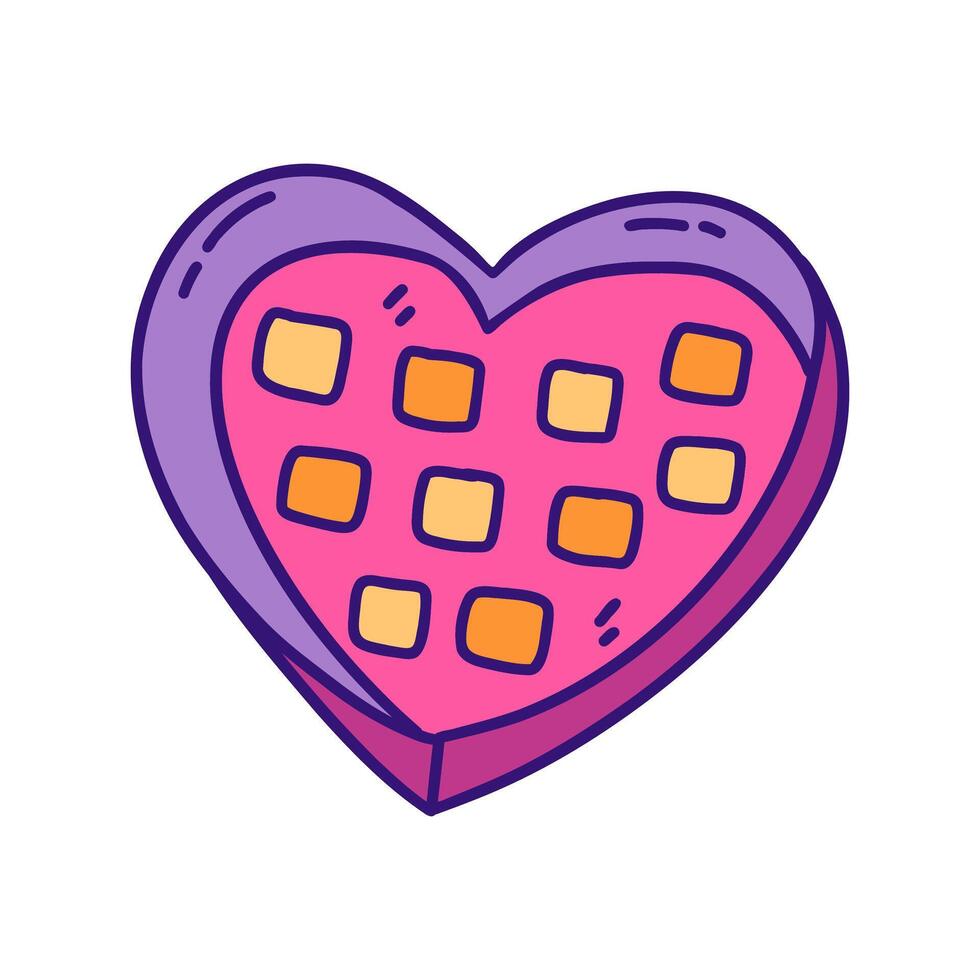 Candies in box in shape of heart. Vector doodle