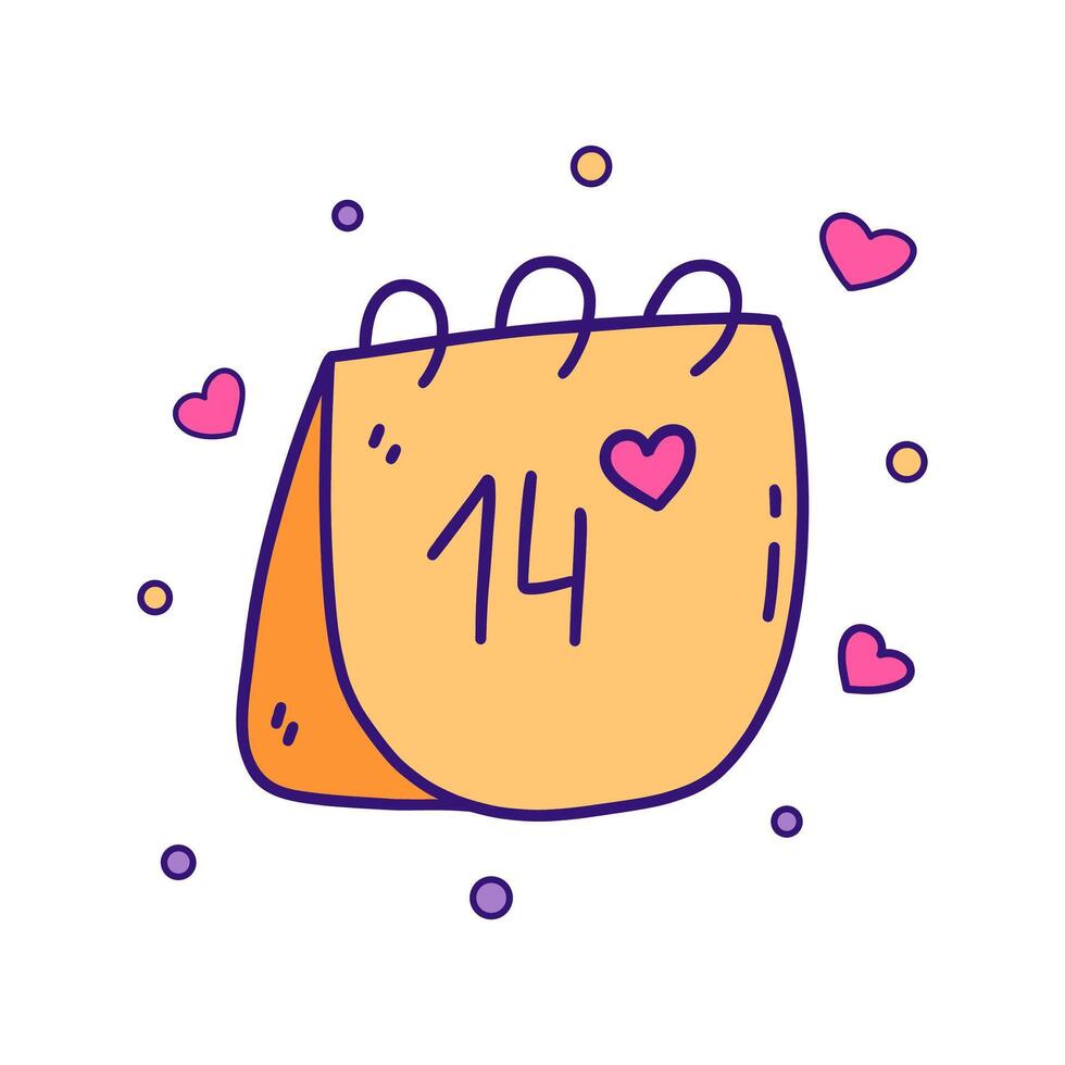 Calendar with the date of February 14. Vector doodle
