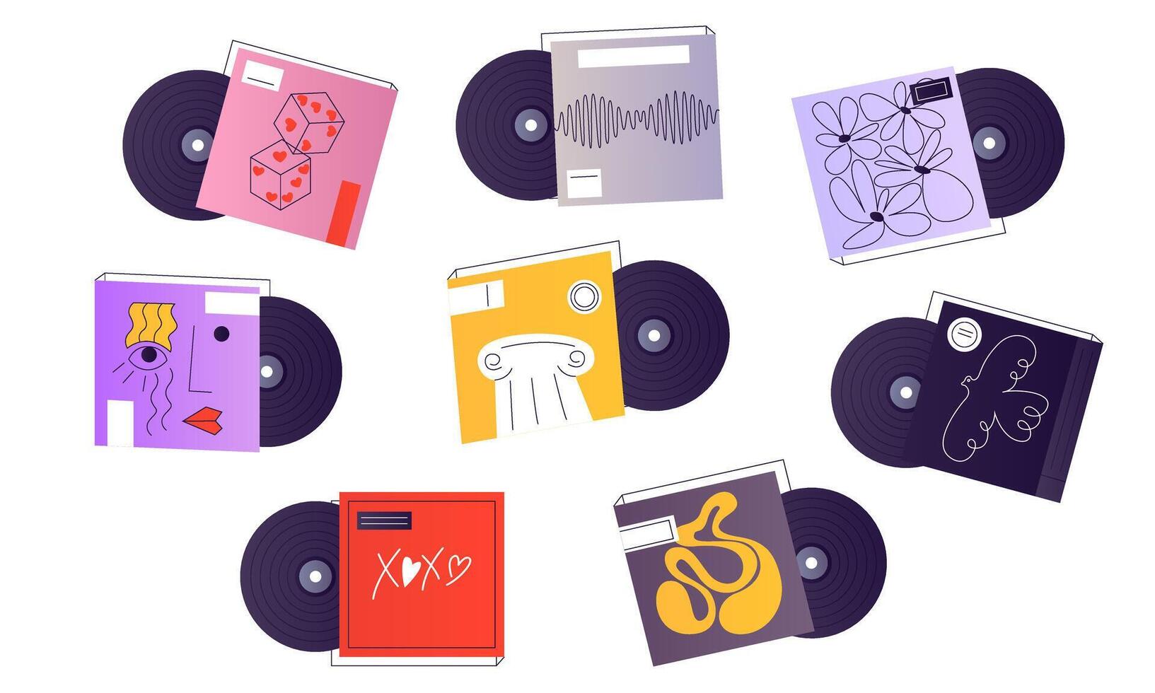 Set of colorful vinyl records in box. LP record discs collection. Groovy 45 rpm vinyl from fifties to nineties. Vintage music players, retro audio devices. Music history festival or Dj party from 80s vector