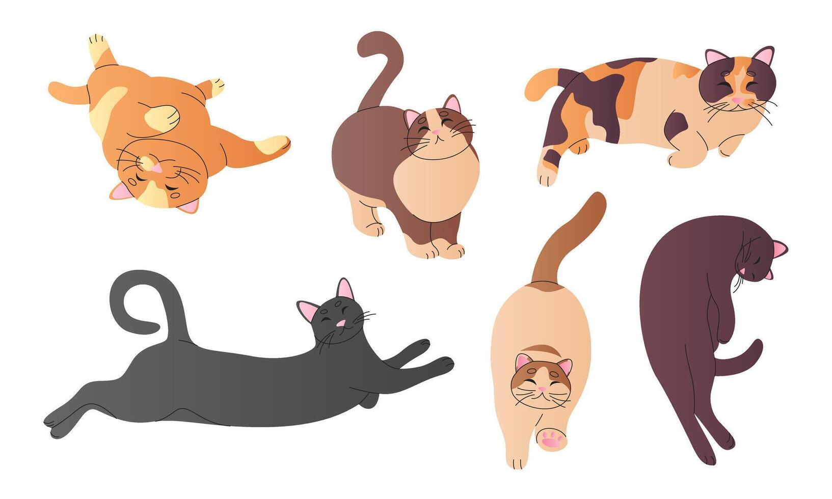 Set of cute kitten, funny cats relaxing, sleeping, playing.Happy international fluffy cat day characters in different poses.Adorable pet animals with amusing expressions, emotions.Flat line stickers vector
