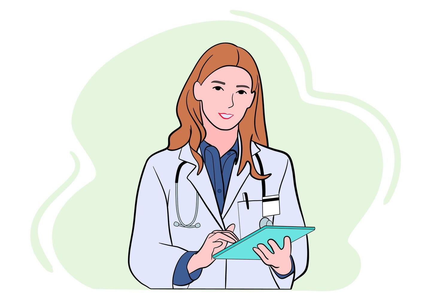 mujer gp o médico consultar cliente en línea en almohadilla en moderno clínica. vector