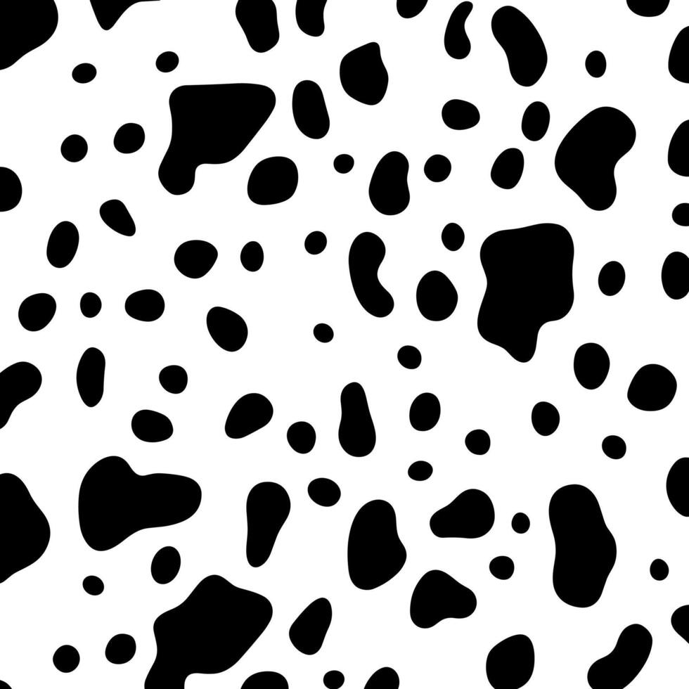 Vector cow pattern seamless background, Black irregular patches on white backdrop.
