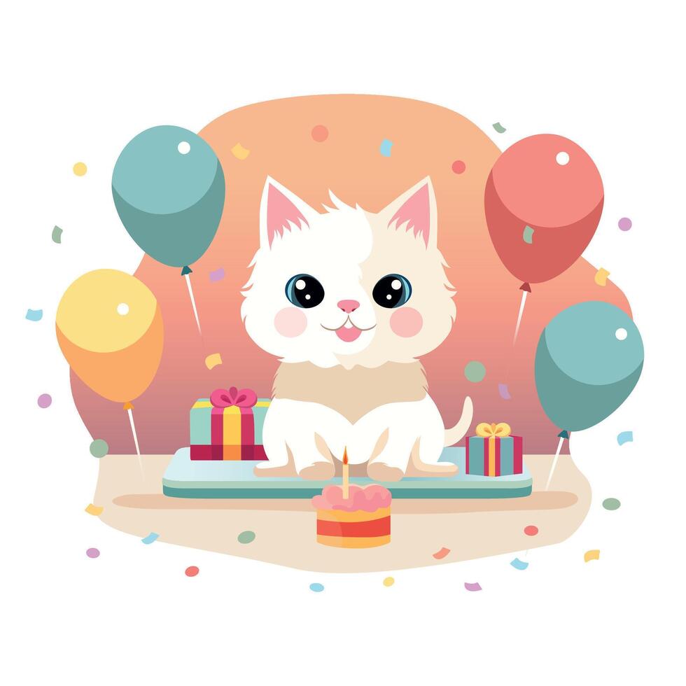 cumpleaños gato. fiesta con pastel, velas, regalos y papel picado. vector ilustración