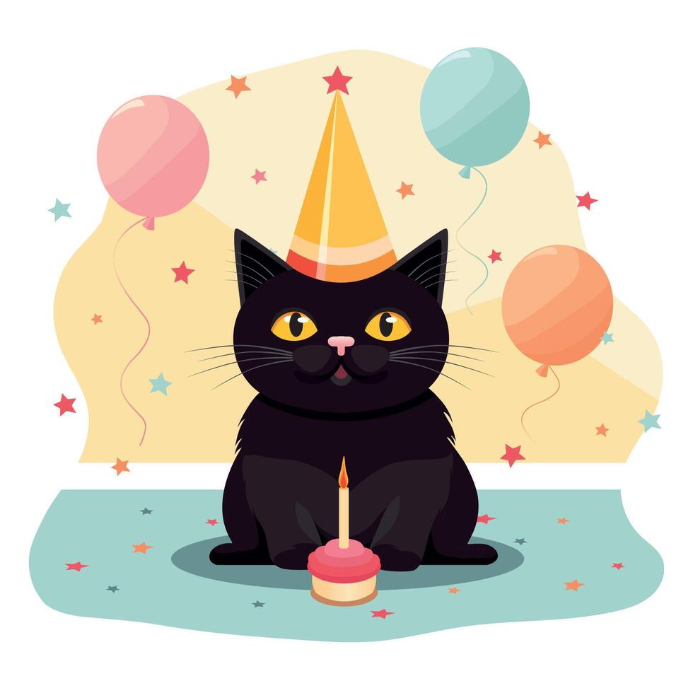 negro cumpleaños gato. fiesta con pastel, vela, globos y papel picado. vector ilustración