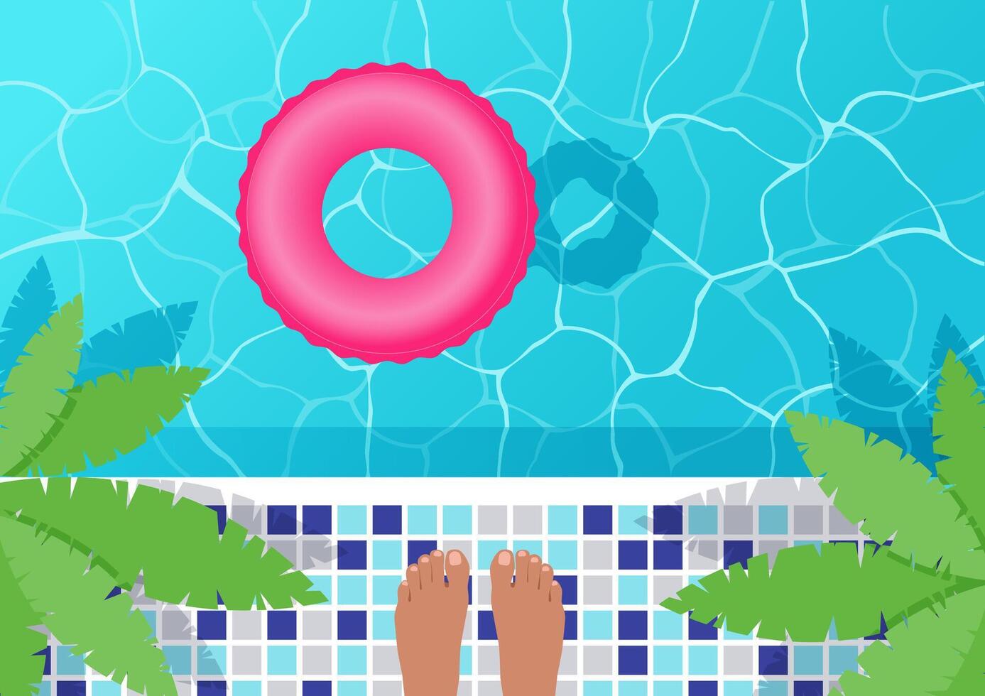 Vector illustration of a swimming pool with blue water, top view. Swimming inflatable ring.