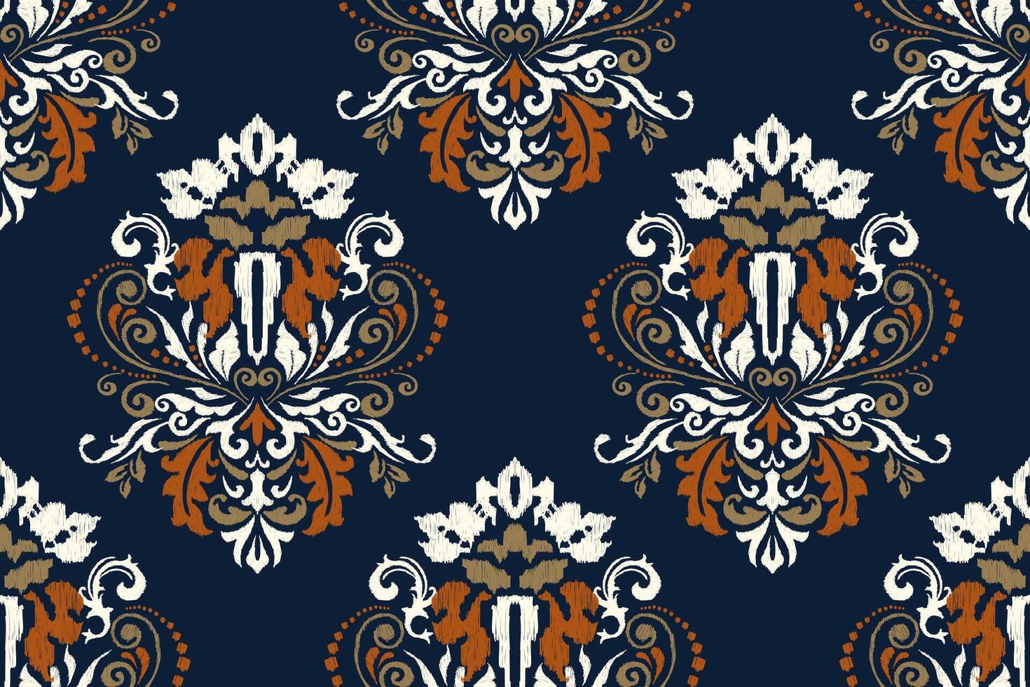 damasco ikat floral sin costura modelo en Armada fondo azul vector ilustración.ikat étnico oriental bordado azteca estilo, abstracto fondo.diseño para textura,tela,ropa,envoltura,decoración.