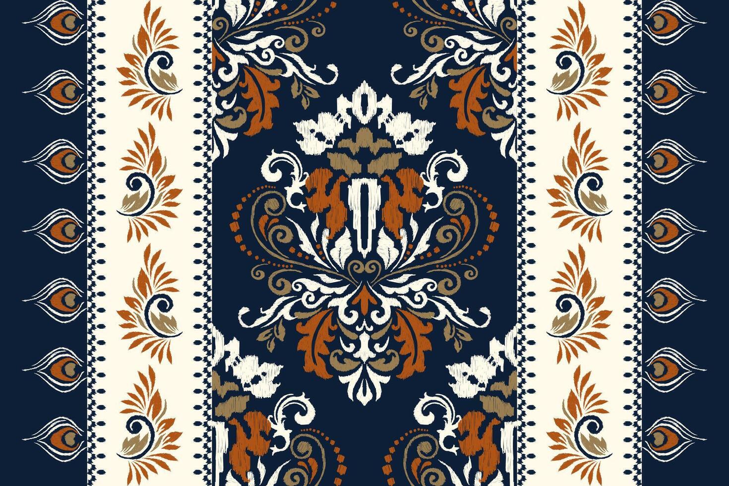 Damask Ikat floral seamless pattern on navy bluebackground vector illustration.Ikat ethnic oriental embroidery,Aztec style,abstract background.design for texture,fabric,clothing,wrapping,decoration.