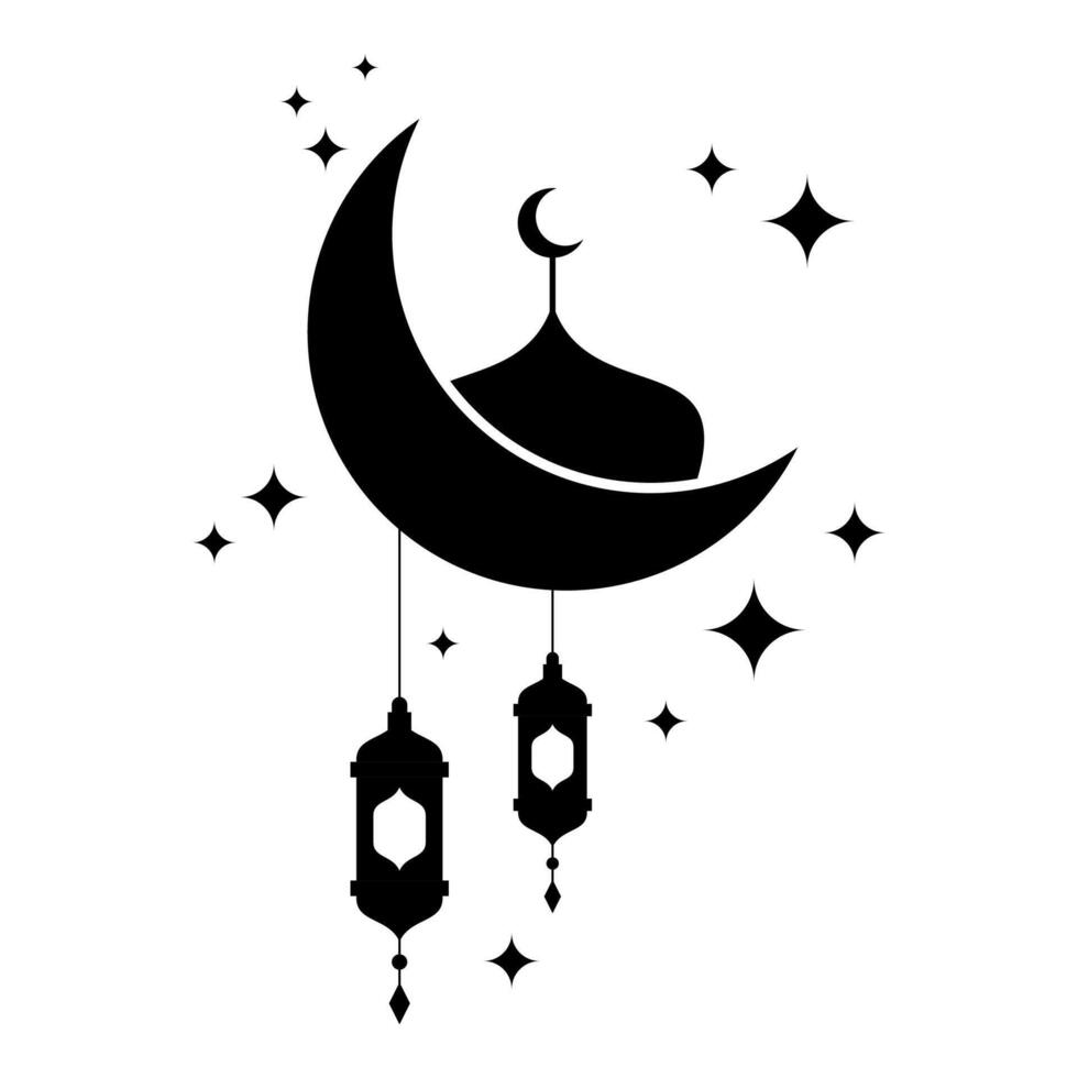 silhouette of the moon, stars, mosque and lanterns. ornament vector template for banners, posters, social media, greeting cards for Islamic holidays, Eid al-Fitr, Ramadan, Eid al-Adha.