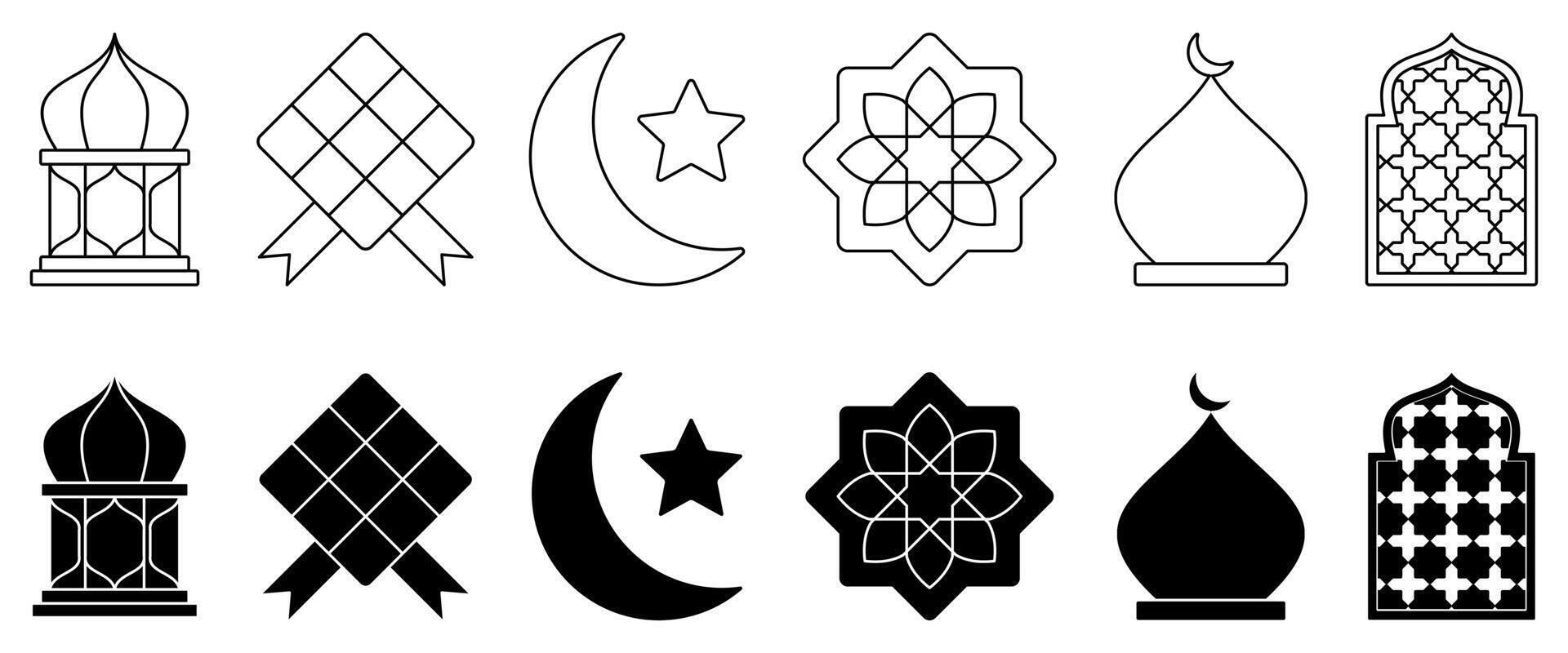 conjunto de islámico iconos vector sencillo línea Arte estilo y silueta, aislado en blanco antecedentes. diseño de adornos para el islámico Días festivos de ramadán, eid al fitr, eid al-adha.