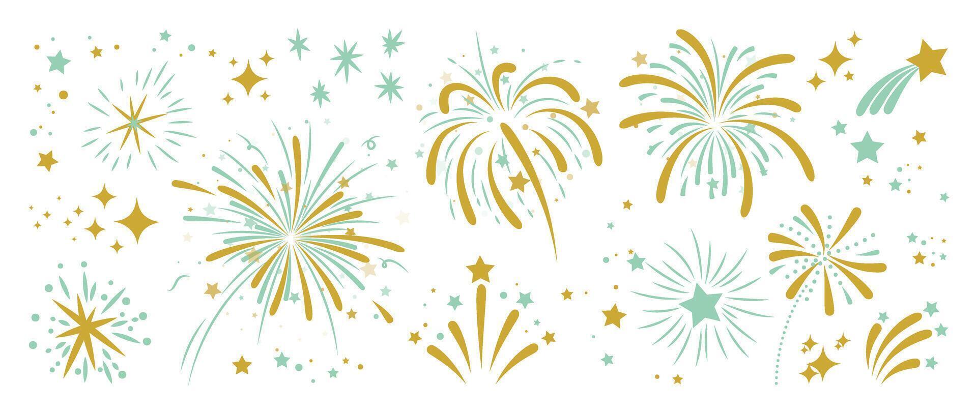 Set of new year firework vector illustration. Collection of golden, light green fireworks on white background. Art design suitable for decoration, print, poster, banner, wallpaper, card, cover.