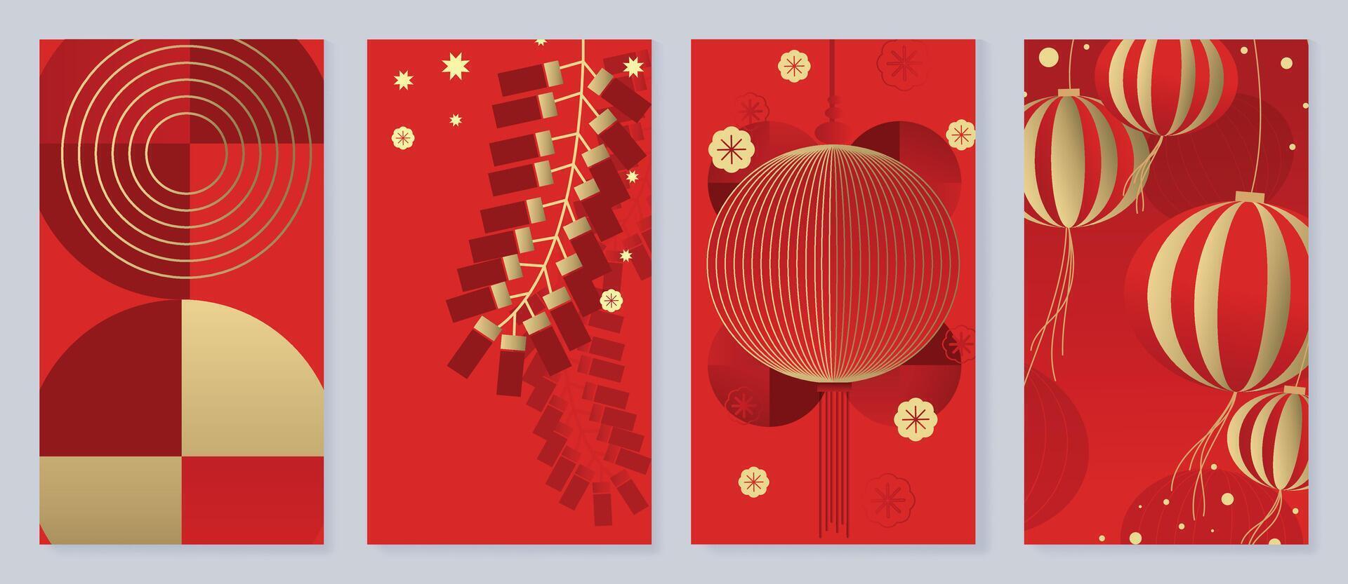 Chinese New Year cover background vector. Luxury background design with chinese lantern, firecracker, flower, sparkle. Modern oriental illustration for cover, banner, website, social media. vector