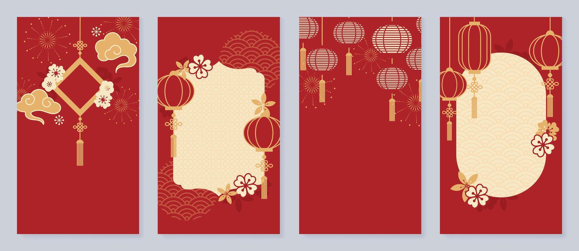 Chinese New Year cover background vector. Luxury background design with chinese pattern, lantern, cloud, firework, flower. Modern oriental illustration for cover, banner, website, social media. vector