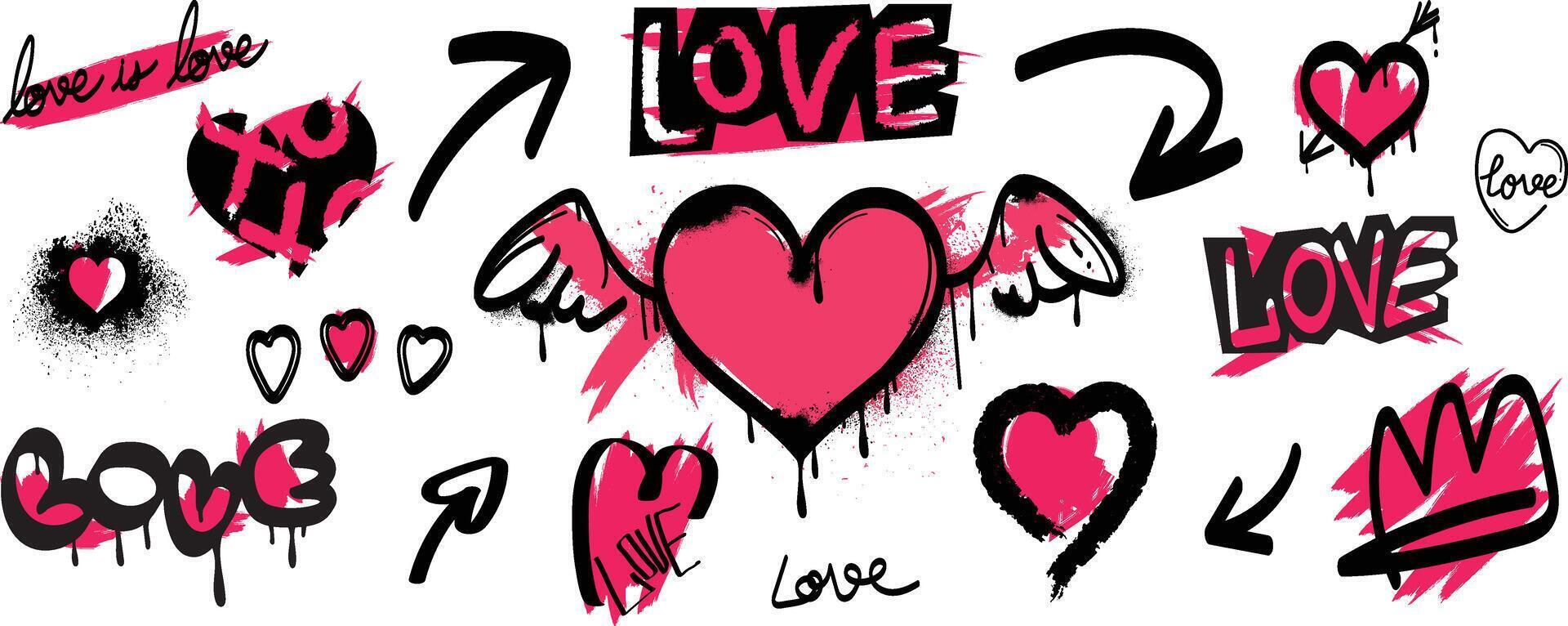 Set of spray paint valentine element vector. Hand drawn graffiti texture style collection of heart in black and pink color. Romance design illustration for print, cartoon, card, decoration, sticker. vector