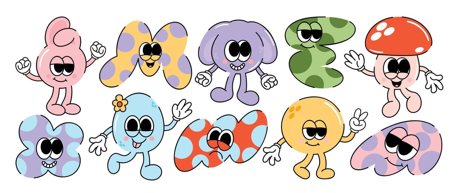 Set of funky groovy element vector. Collection of cartoon characters, doodle smile face, rabbit, mushroom, egg, sparkle. Cute retro groovy hippie design for decorative, sticker, kids, clipart. vector