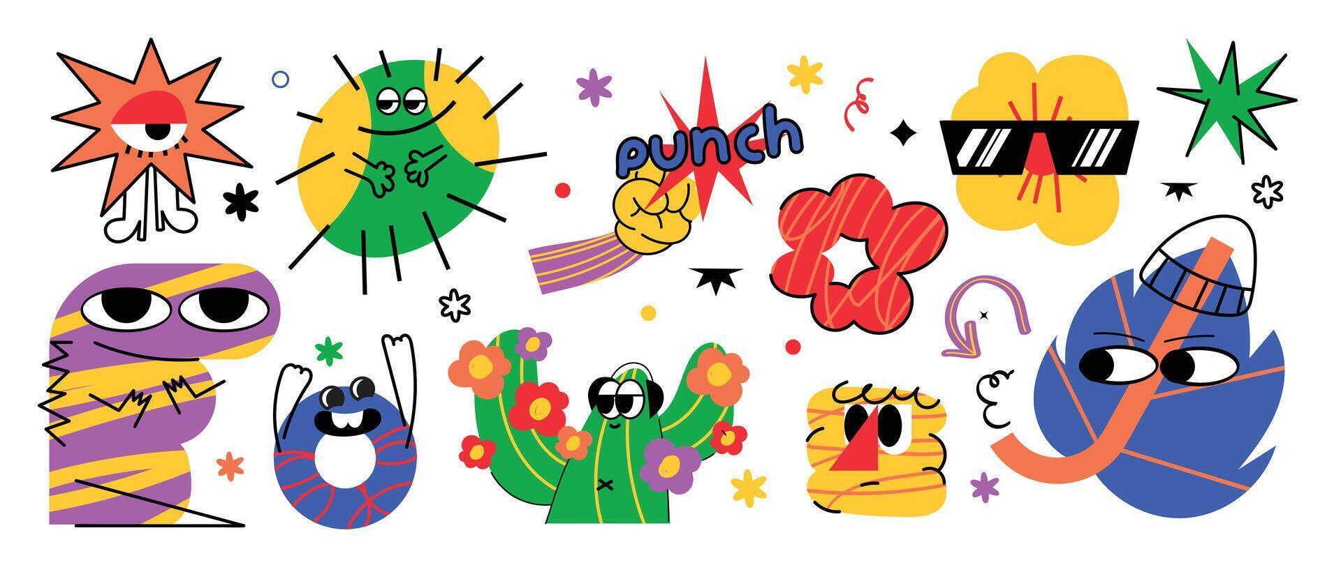 Set of funky groovy element vector. Collection of cartoon characters, doodle smile face, cactus, flower, dino, donut, leaf. Cute retro groovy hippie design for decorative, sticker, kids, clipart. vector
