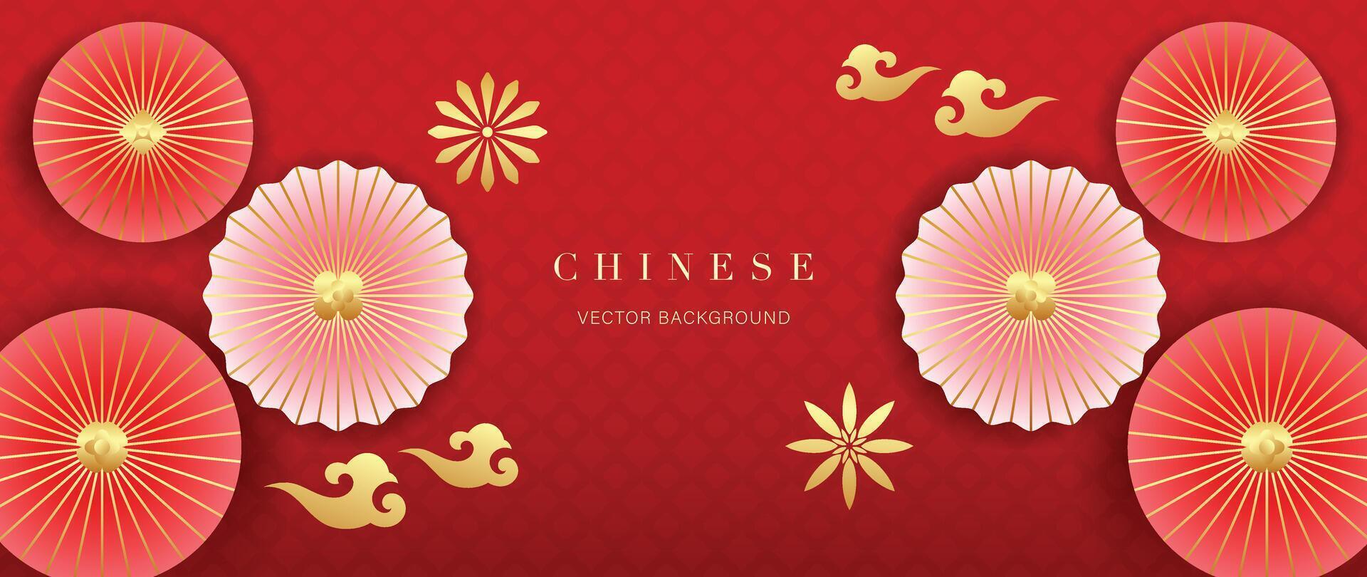 Happy Chinese new year backdrop vector. Wallpaper design with chinese pattern, flower, cloud on red background. Modern luxury oriental illustration for cover, banner, website, decor, border, frame. vector