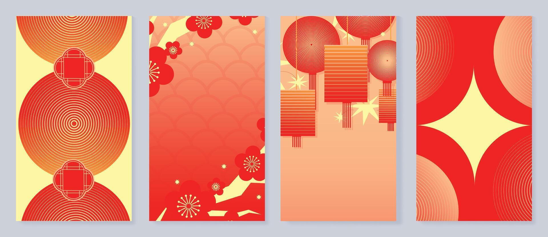 Chinese New Year cover background vector. Luxury background design with chinese pattern, lantern, flower, sparkle, line. Modern oriental illustration for cover, banner, website, social media. vector