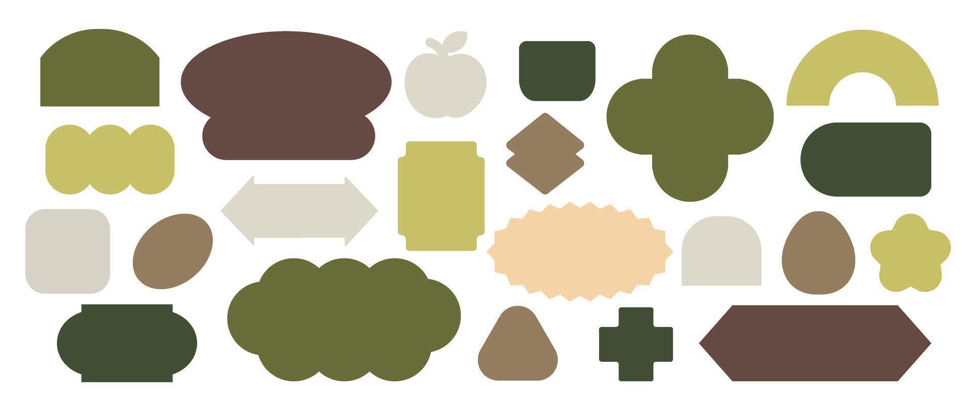 Set of geometric sticker badges vector. Organic banner collection of contemporary figure, apple. arrow, flower, plus, vase. Eco friendly design for sign, tag, packaging, logo label, stamp, patches. vector