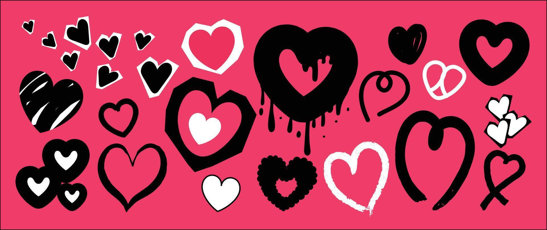 conjunto de rociar pintar enamorado elemento vector. mano dibujado pintada textura estilo colección de corazón en negro y rosado color. romance diseño ilustración para imprimir, dibujos animados, tarjeta, decoración, pegatina. vector