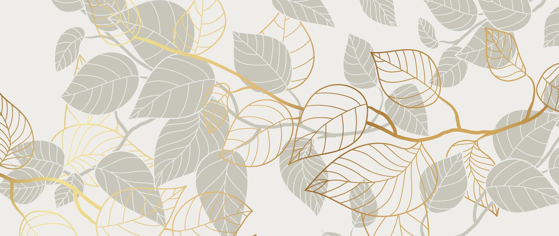 Luxury foliage botanical background vector. White wallpaper of tropical plants, leaf branches, leaves, gold line art. Foliage design for banner, prints, decor, wall art, decoration. vector