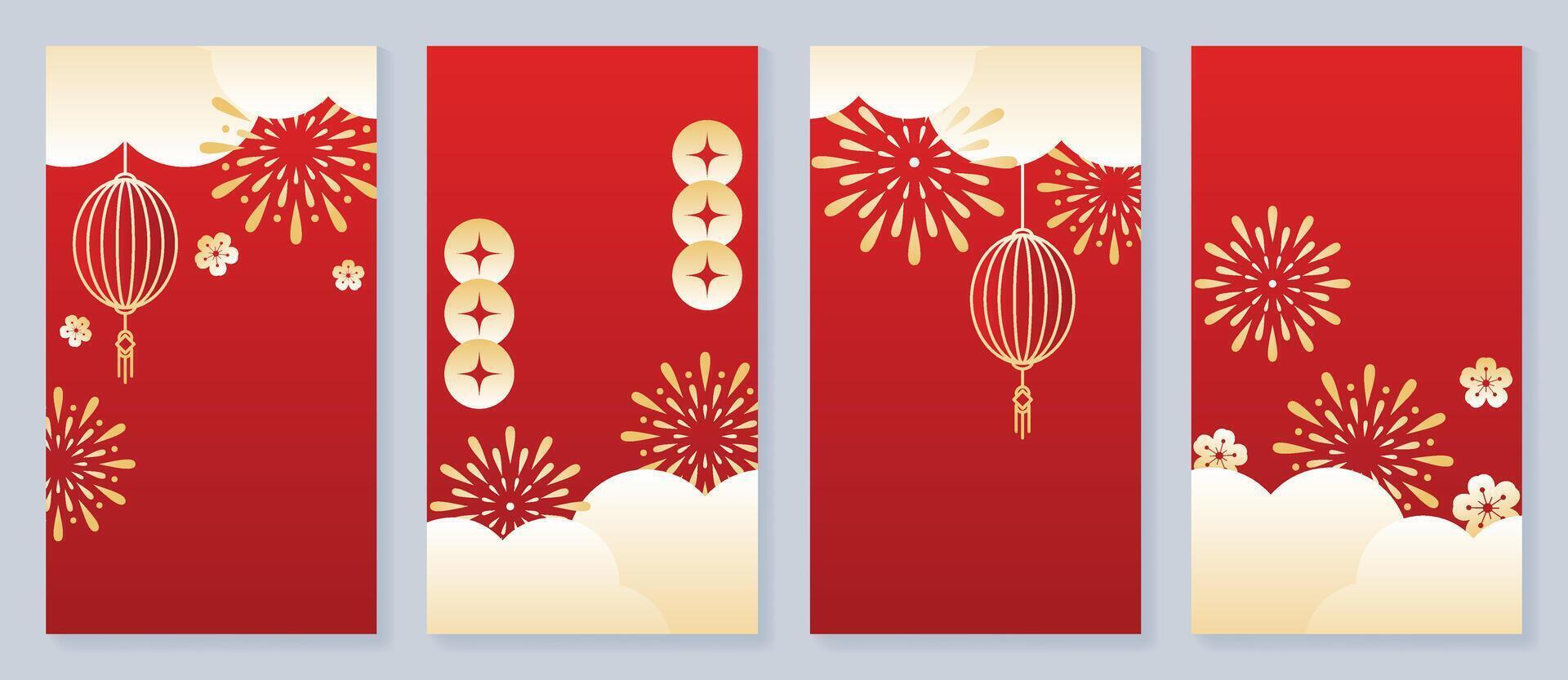 Chinese New Year cover background vector. Luxury background design with chinese lantern, coin, firework, cloud, flower. Modern oriental illustration for cover, banner, website, social media. vector