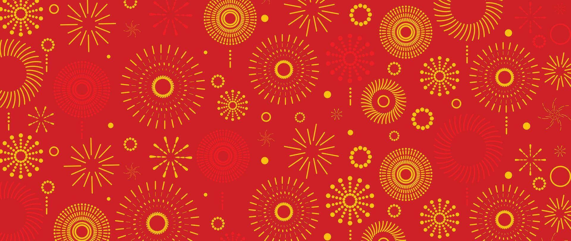Festival chinese backdrop vector. Happy chinese new year wallpaper design with golden fireworks on red background. Modern luxury oriental illustration for cover, banner, website, decor, advert. vector