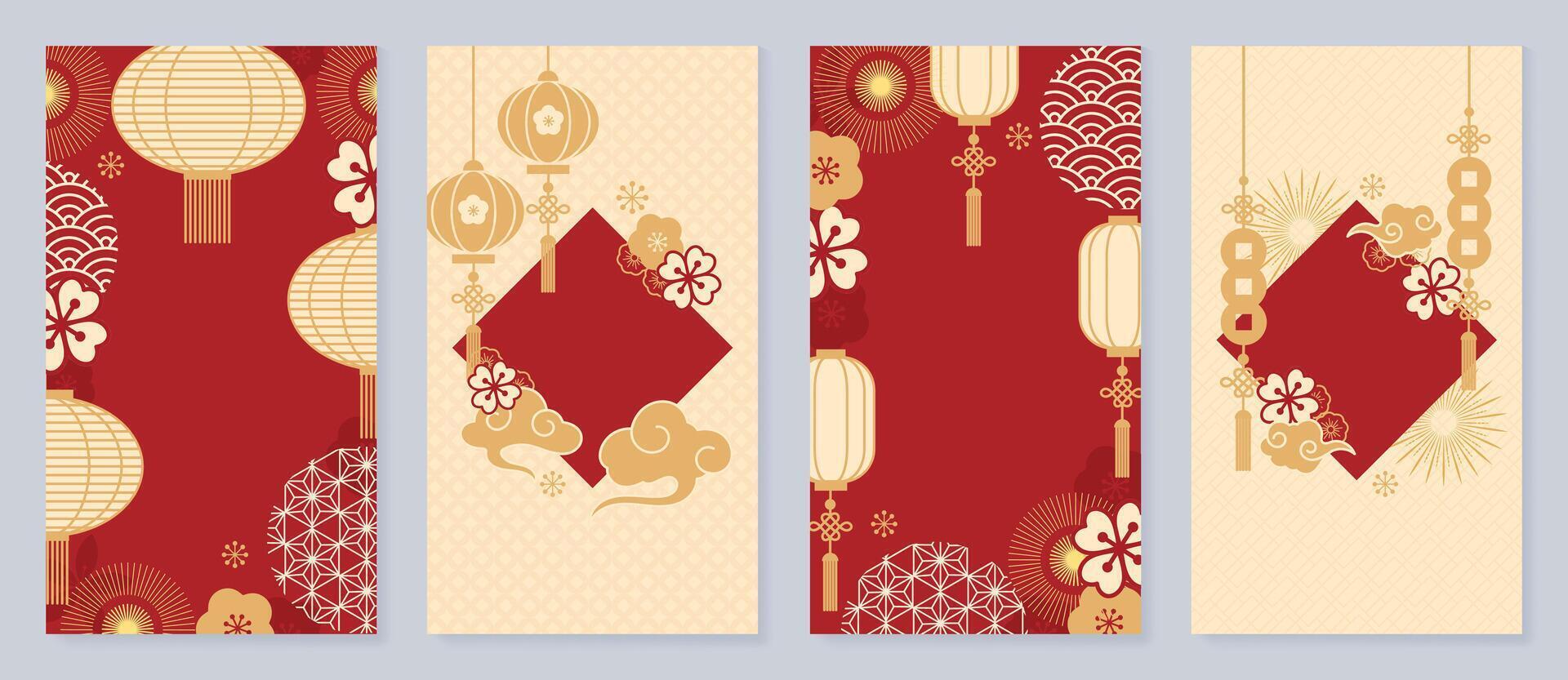 Chinese New Year cover background vector. Luxury background design with chinese pattern, lantern, cloud, firework, flower, coin. Modern oriental illustration for cover, banner, website, social media. vector