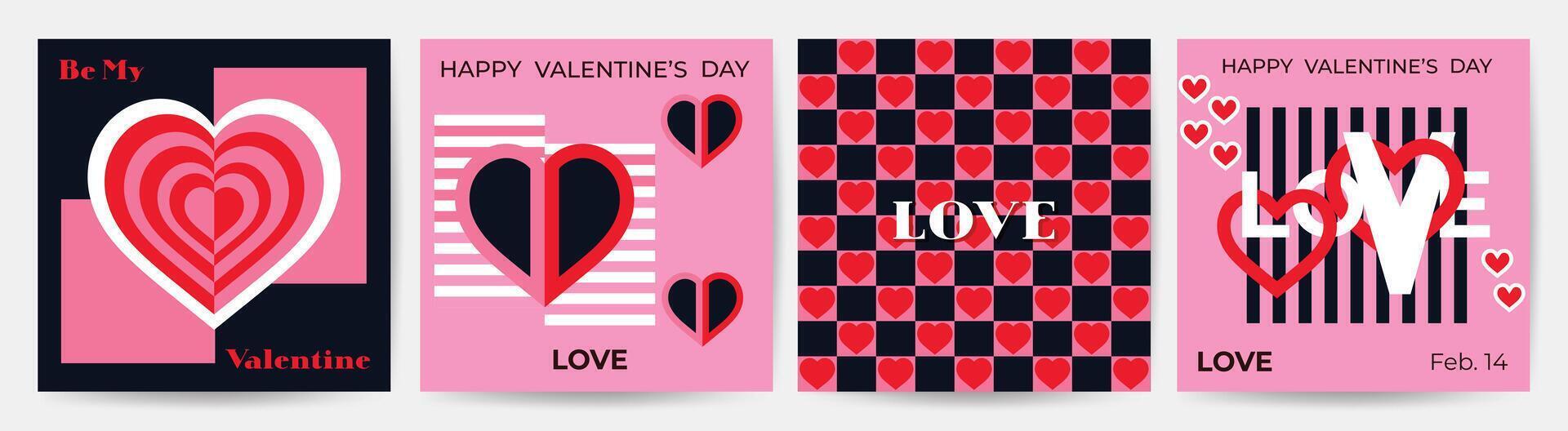 Happy Valentine's day love square cover vector set. Romantic symbol wallpaper of geometric shape pattern, heart shaped icon. Love illustration for greeting card, web banner, package, cover, fabric.