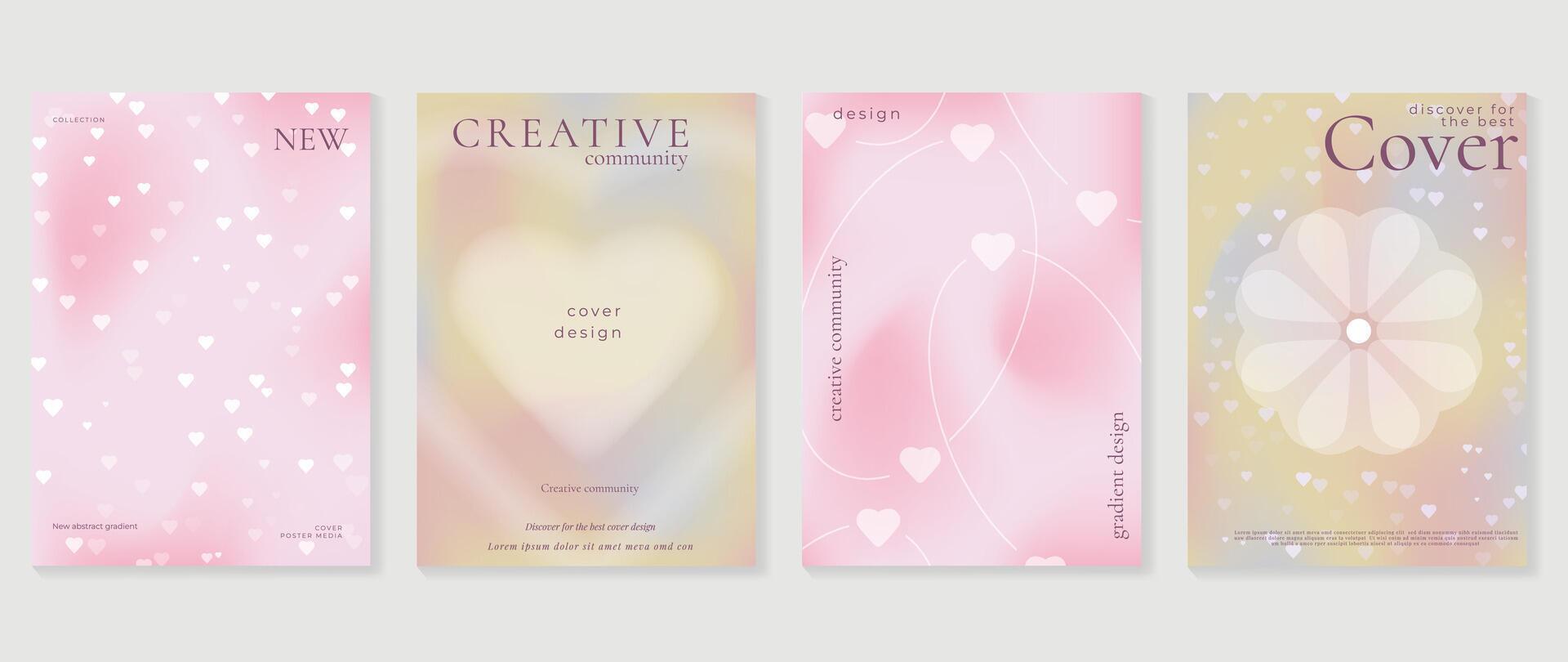 Abstract gradient Y2K style template cover vector set. Happy Valentine's Day decorate with gradient heart, pink background. Design for greeting card, fashion, commercial, banner.