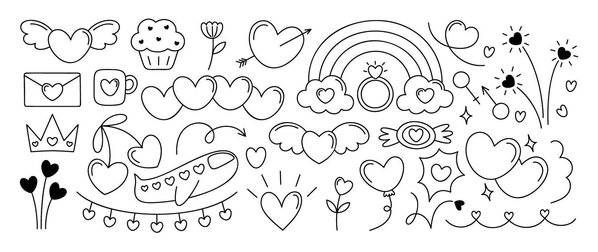 conjunto de enamorado garabatear elemento vector. mano dibujado garabatear estilo colección de corazón, avión, magdalena, sobre, anillo, arcoíris, cereza. diseño para imprimir, dibujos animados, decoración, pegatina, clipart. vector