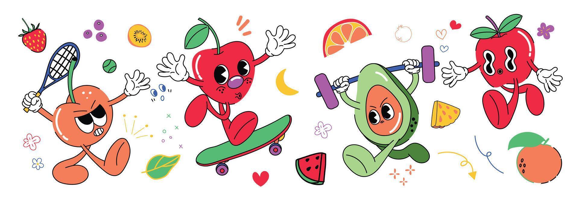Set of fresh fruit groovy element vector. Funky fruits character design of cherry, avocado, apple, orange, strawberry. Summer juicy illustration for branding, sticker, fabric, clipart, ads. vector