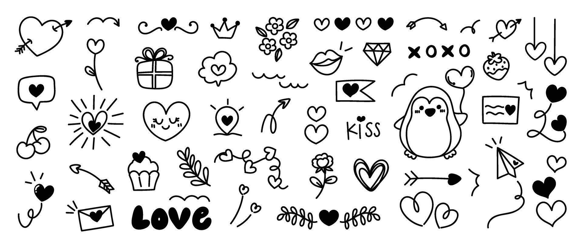 Set of valentine doodle element vector. Hand drawn doodle style collection of heart, arrow, balloon, flower, speech bubble, penguin, rocket. Design for print, cartoon, decoration, sticker, clipart. vector