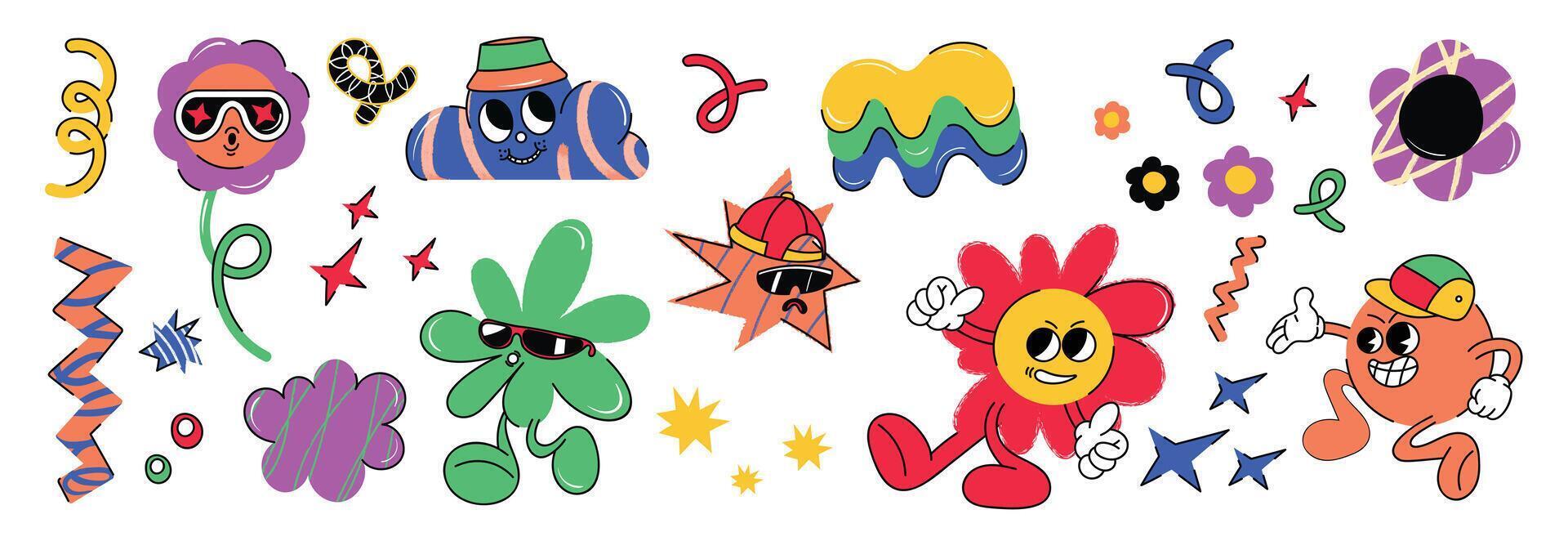 Set of funky groovy element vector. Collection of cartoon characters, doodle smile face, flower, orange, hat, sparkle. Cute retro groovy hippie design for decorative, sticker, kids, clipart. vector